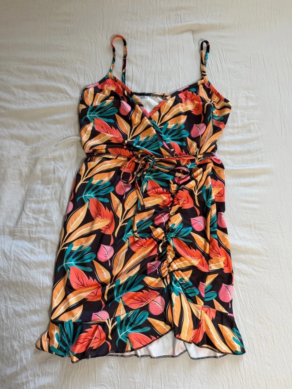 Tropical‎ Print Belted Ruched Ruffle Hem Dress Size Medium